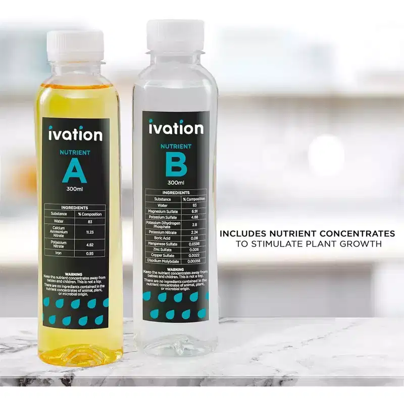 Ivation Replacement Hydroponic Nutrients A&B for 12-Pod Indoor Garden Kit with Fixed LED Light.