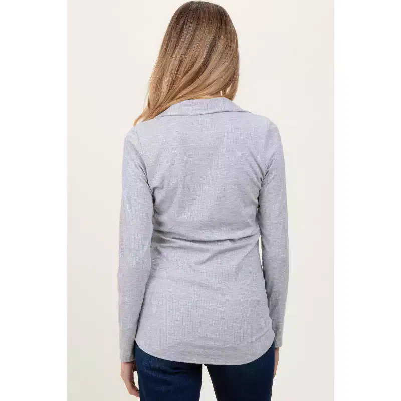 Pinkblush Heather Grey Ribbed Collared Maternity Long Sleeve Top