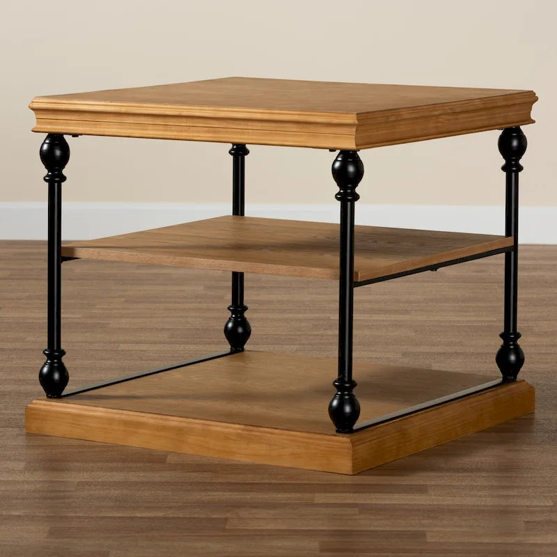 Traditional Industrial Wood and Black Metal 3-Tier End Table