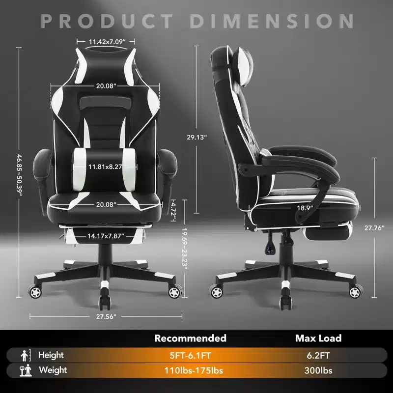 Big and Tall Office Chair, High Back Leather Gaming Chair with Footrest, Ergonomic Computer Chair with Lumbar Support & Headrest