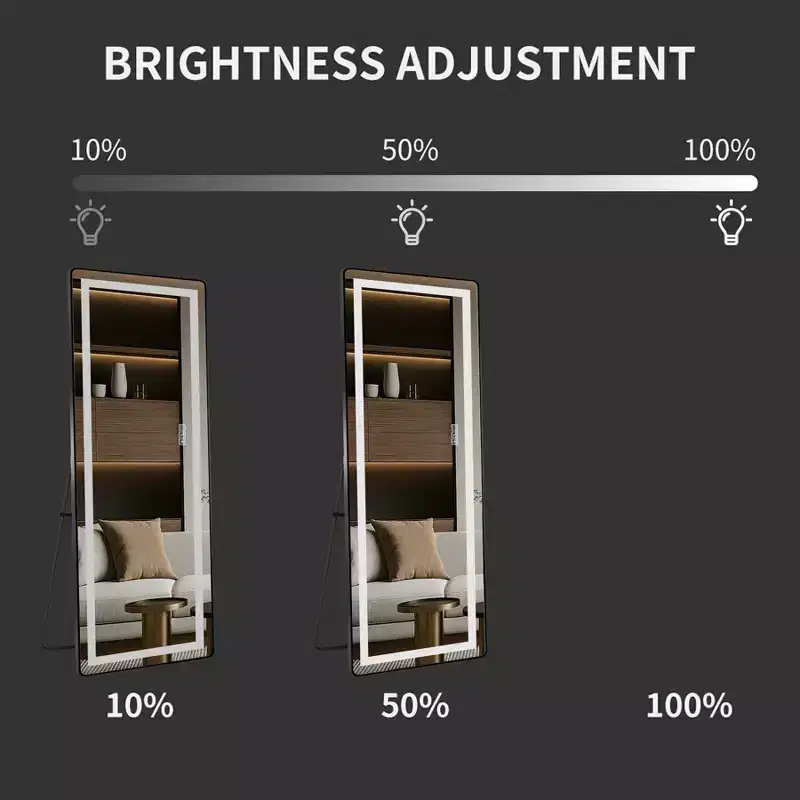 Modern Full Length Mirror with Adjustable LED, Wall Mounted & Freestanding Body Mirror for Living Room, Black