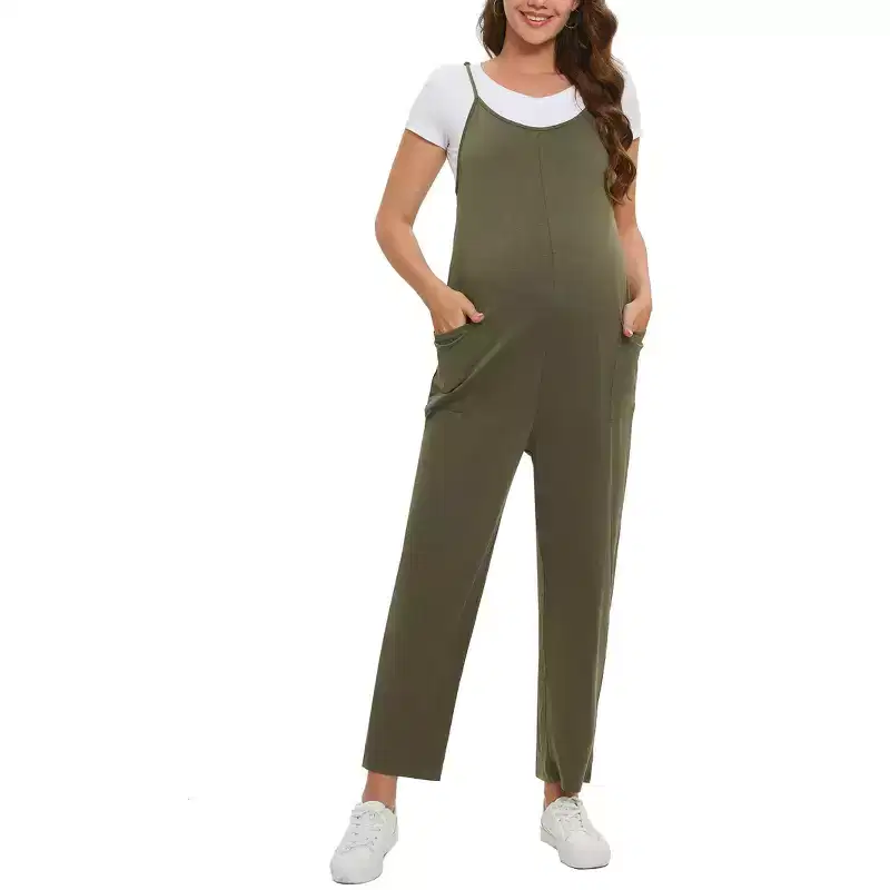 Coolmee Women's Maternity Jumpsuits Casual Adjustable Spaghetti Strap Jogger Overalls Outfits Pregnancy Rompers with Pockets S Green