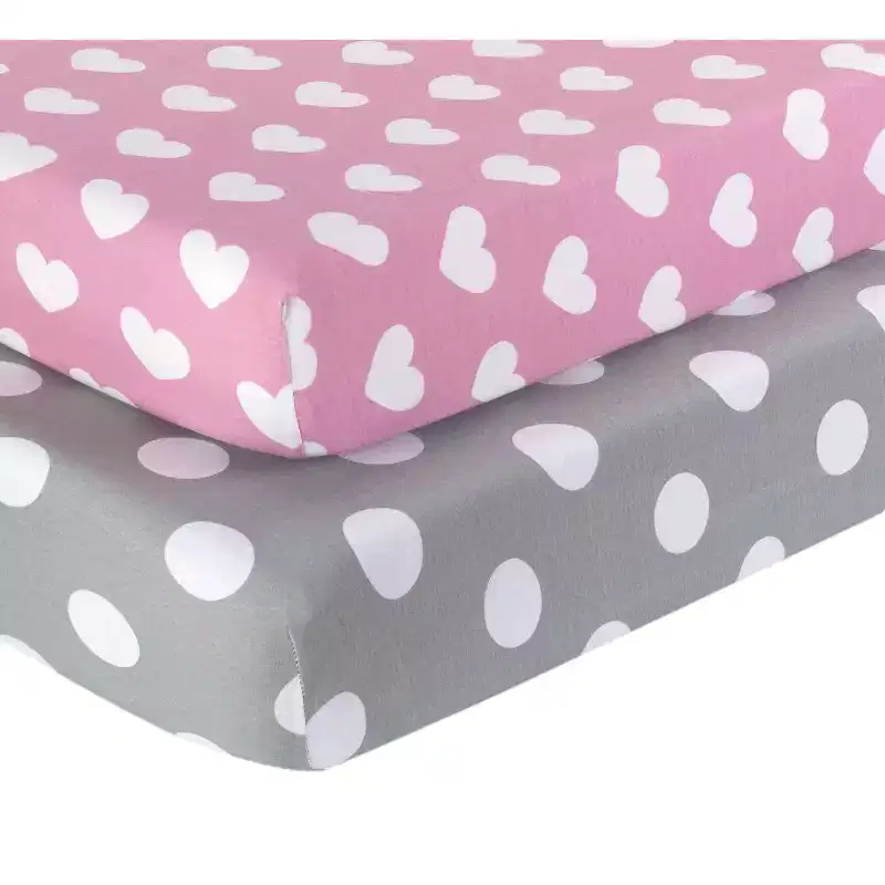 Everyday Kids 2-Pack Jersey Knit Crib Sheets  Pink & Purple Hearts and Dots  100% Cotton Baby Girl Sheets for Standard Crib Mattress