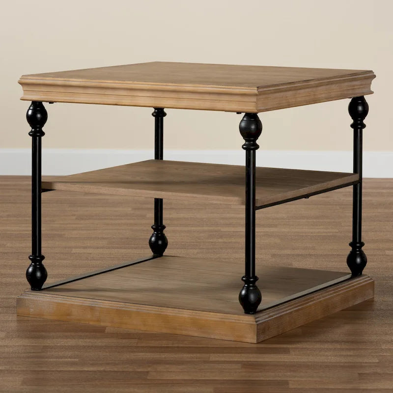 Traditional Industrial Wood and Black Metal 3-Tier End Table