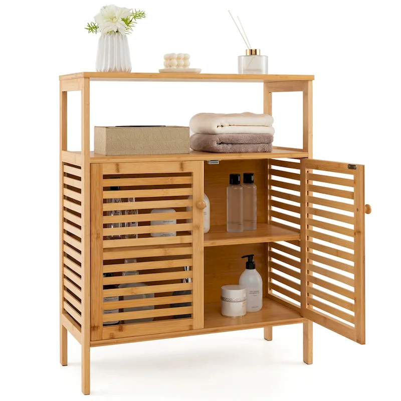 Bamboo Storage Cabinet with Double Louvered Doors and Open Shelf