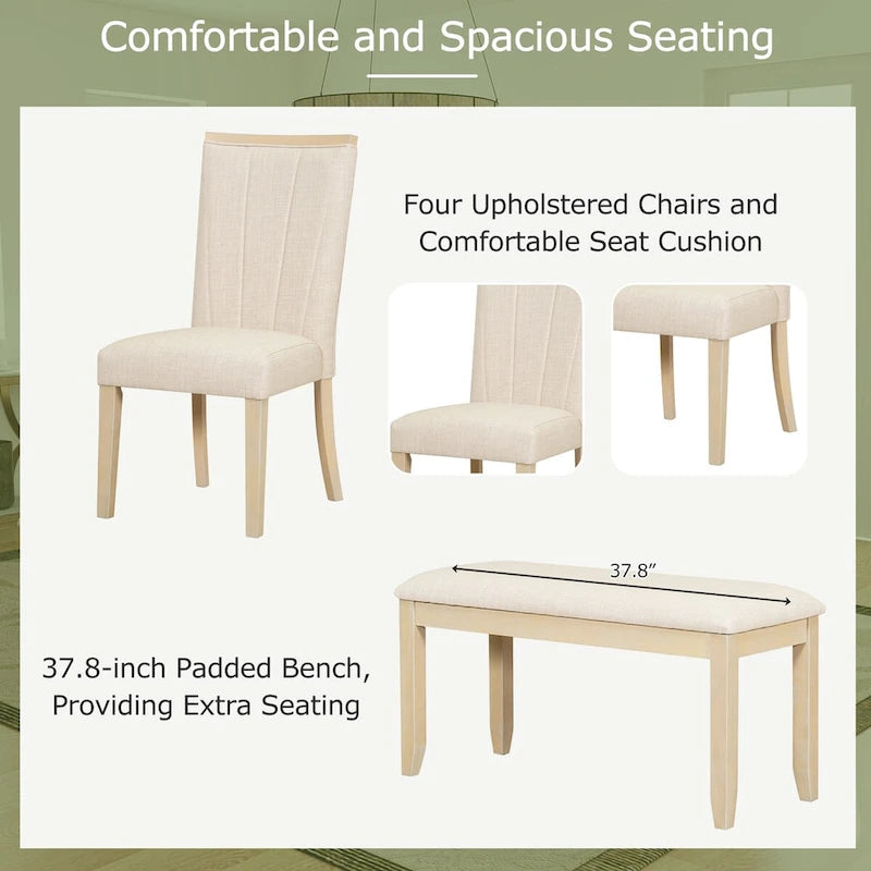 6-Piece 78inch Extendable Pedestal Dining Table Set with 18inch Removable Leaf and Dining Bench, 4 Upholstered Dining Chairs