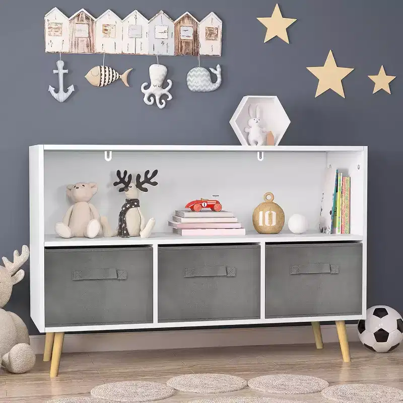 Kids Bookshelf, 4-Cubby Toy Storage Organizer with Collapsible Fabric Drawers, Book Display for Playroom, Nursery, Kids Room