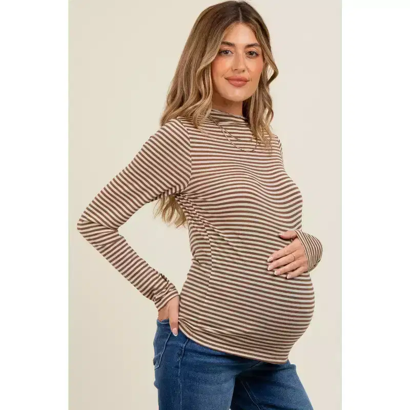 Pinkblush Mocha Striped High Neck Maternity Long Sleeve Top