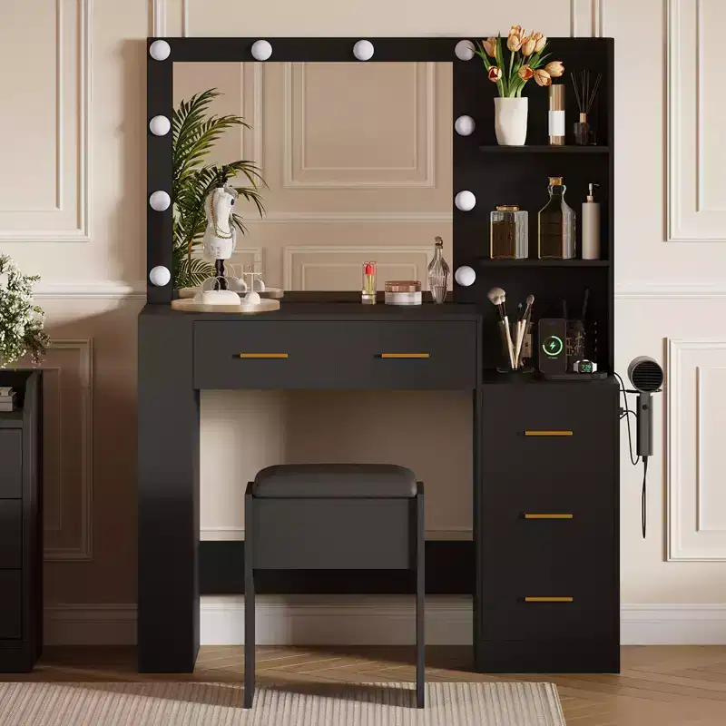 Makeup Vanity with Mirror and Stool, Power Outlet, Hairdryer Holder, Lighted Vanity Table with 10 Bulbs, 5 Drawers, Dressing Table for Bedroom