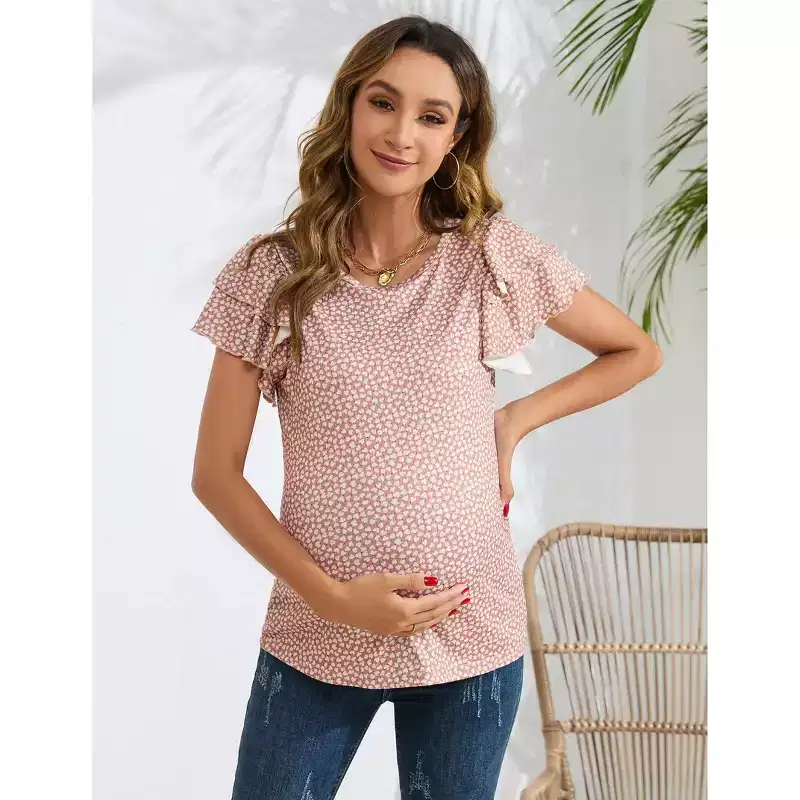 Coolmee Women's Maternity Shirts Nursing Tops Flying Short Sleeve Breastfeeding Tees Lightweight Side Ruched Pregnancy Clothes L Pink Printing