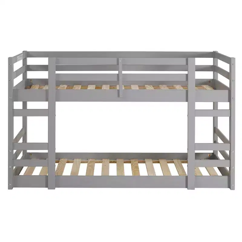 Twin over Twin Wooden Bunk Bed with Guardrails & Integrated Ladders