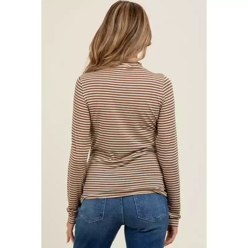 Pinkblush Mocha Striped High Neck Maternity Long Sleeve Top