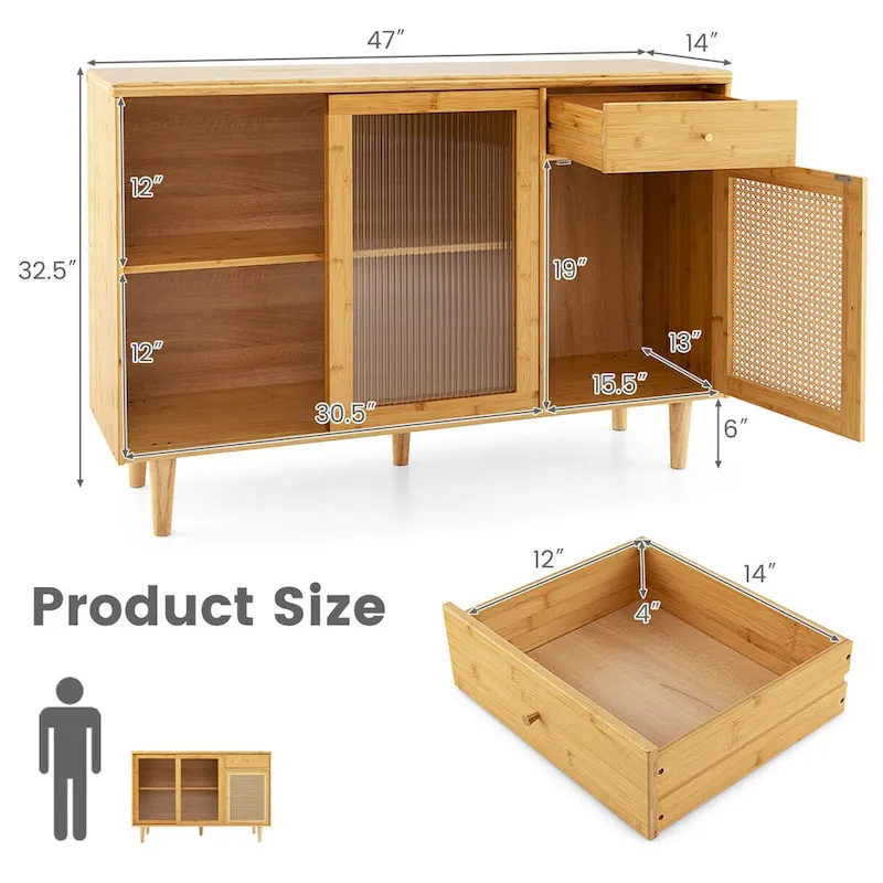 Modern Bamboo Buffet Sideboard Cabinet with Tempered Glass Sliding Doors-Natural - 47 x 14 x 32.5 (L x W x H)