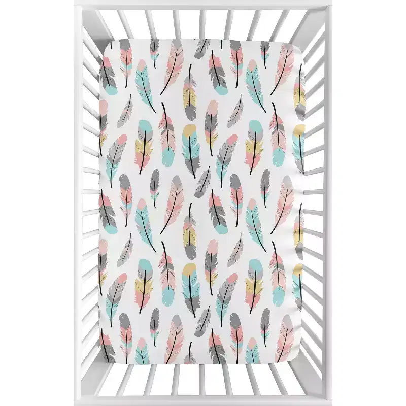 Sweet Jojo Designs Girl Baby Fitted Mini Crib Sheet Feather Blue Pink and Grey