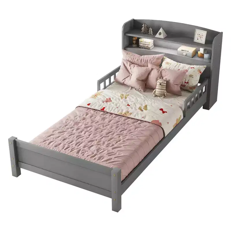 Twin Pine Wood Bed with Bookcase Headboard, Safety Guardrails, Gray, Under-Bed Storage