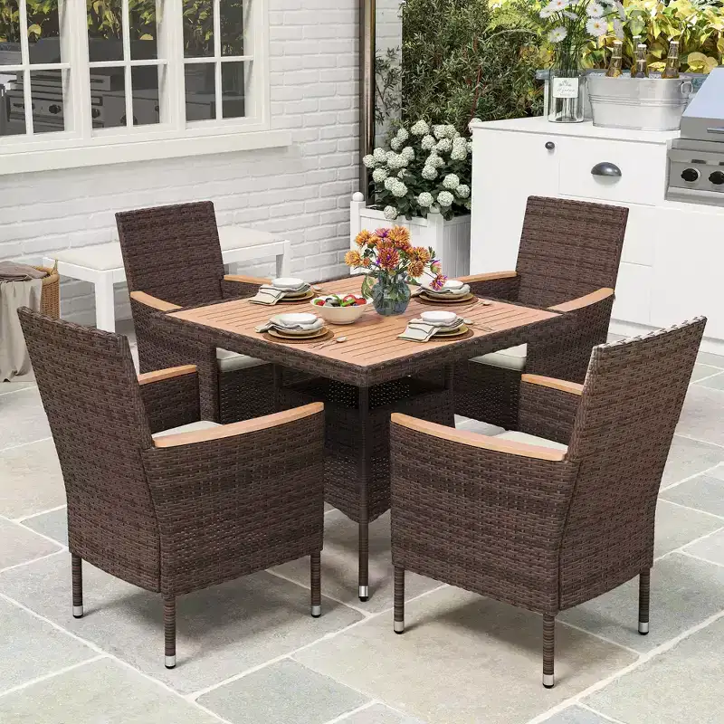 Patio Dining Sets for 4, All Weather Rattan Outdoor Table and Chairs with Acacia Wood Tabletop