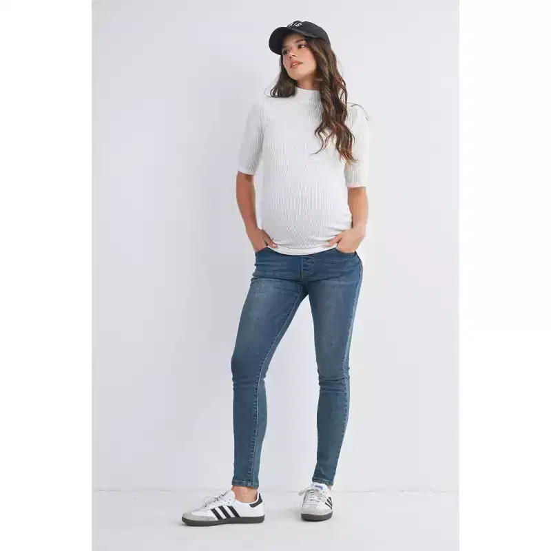 Hello Miz Women's Ribbed Mock Neck Elbow Sleeve Maternity Top