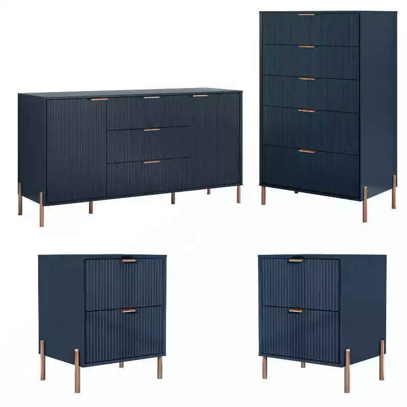 Festivo 4pc Modern Elegance Bedremm Chest and Dresser and 2 Drawer Nightstands Set Navy