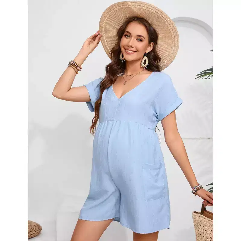 Coolmee Women's Jumpsuits V Neck Casual Summer Rolled Cuff Short Sleeve Wide Leg Short Pants High Waist Tunic Rompers with Side Pockets M Blue