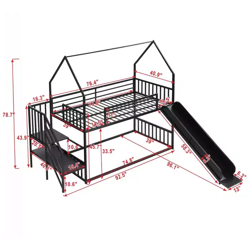 Metal Twin over Twin House Bunk Bed with Slide and Staircase, Convertible Slide and Staircase Floor Bunk Loft Bed Frame for Kids Teens