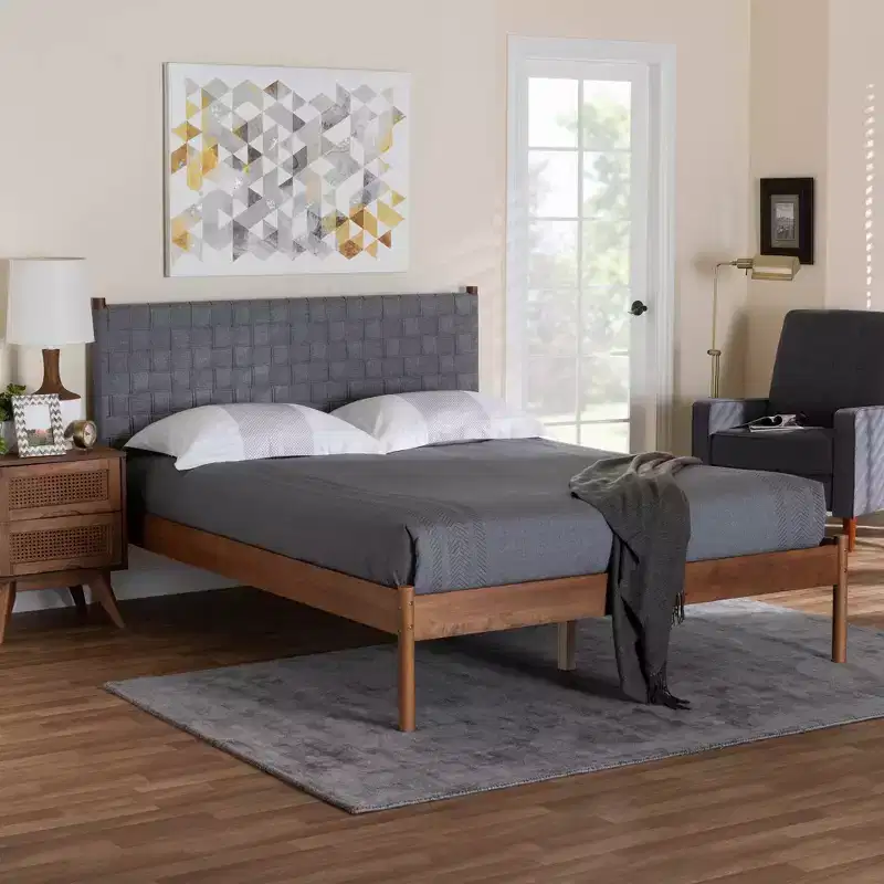 Queen Size Platform Bed with Woven Fabric Headboard – Gray/Walnut Brown