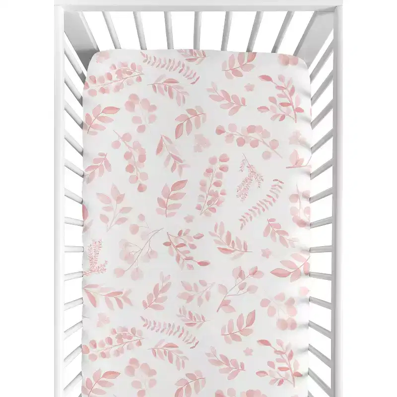 Sweet Jojo Designs Girl Fitted Crib Sheets Set Botanical Blush Pink and White 2pc