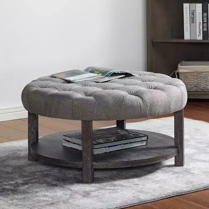 Julla Round Button Tufted Storage Ottoman Antique Washed Gray/Light Gray - HOMES: Inside + Out