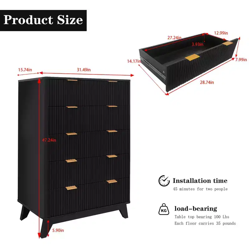 5-Drawer Tall Dresser Waveform Fluted Wood Chest, Modern Storage for Living Room, Kids Bedroom, Nursery