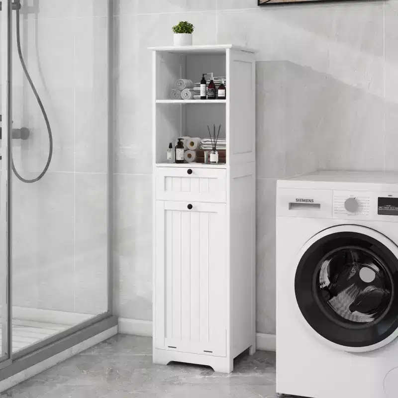 Bathroom Cabinet with Laundry Basket, Tilt-Out Hamper Storage Unit with Top Shelves and Drawer for Bathroom Laundry Room