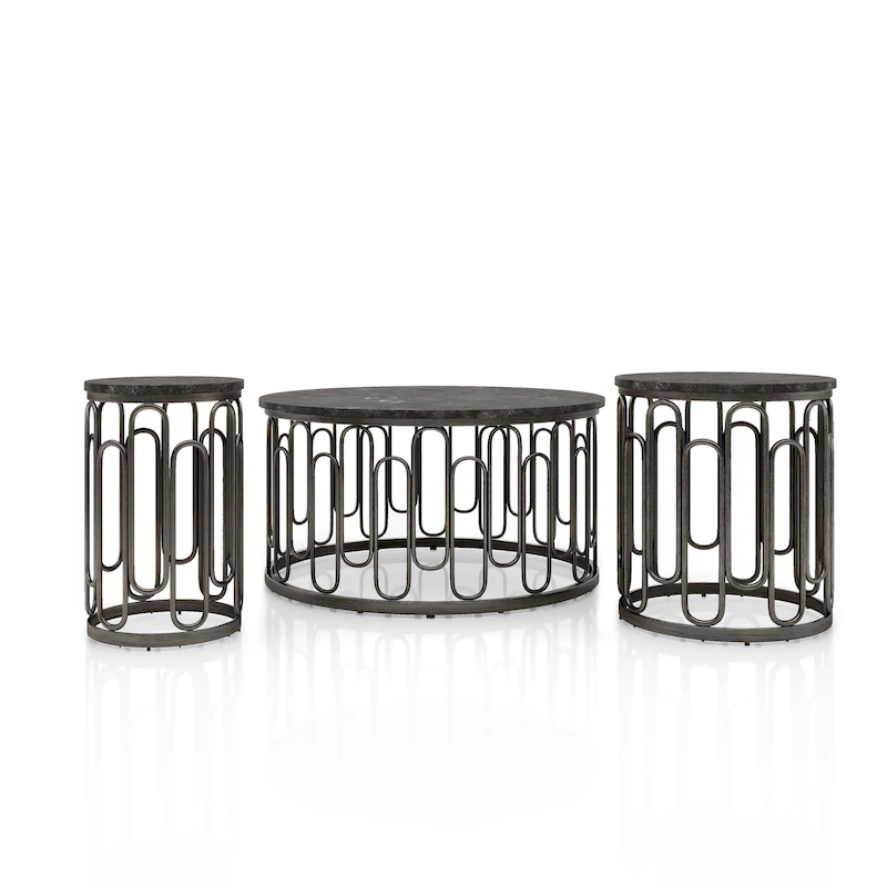 Lars Modern 3-Piece Round Table Set with Marble Top, Sturdy Decorative Metal Base by Furniture of America