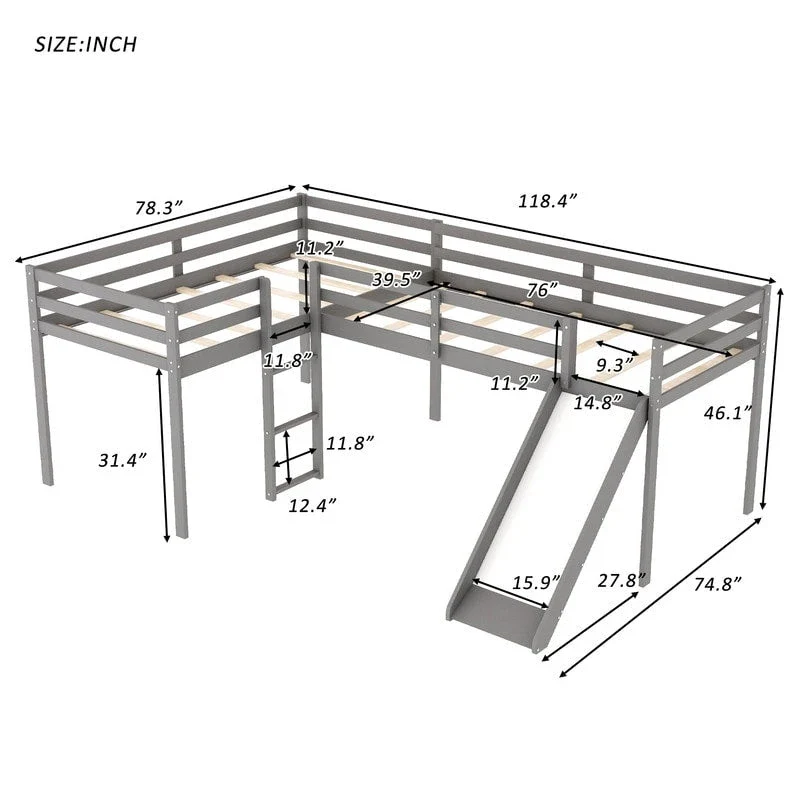Wooden Twin Size L-Shaped Loft Bed with Ladder and Slide