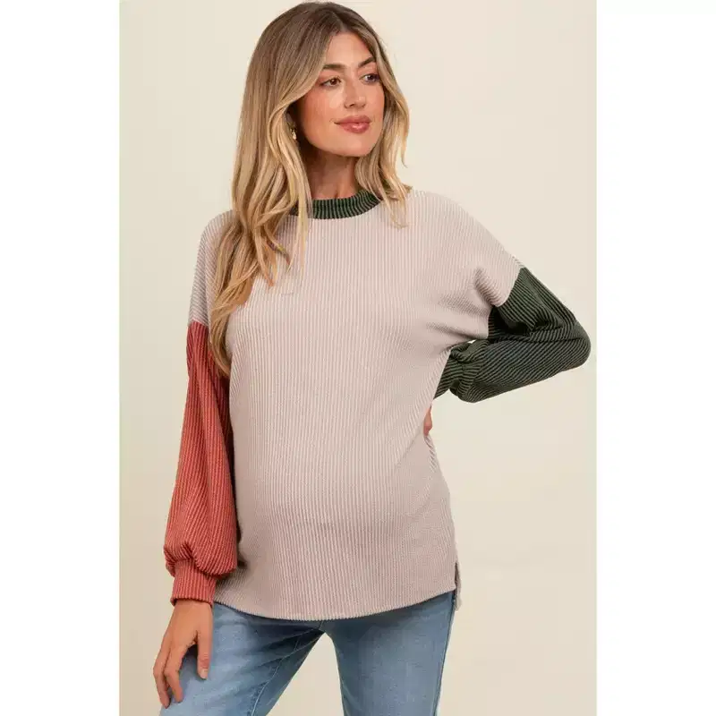 Pinkblush Cream Ribbed Colorblock Maternity Side Slit Top