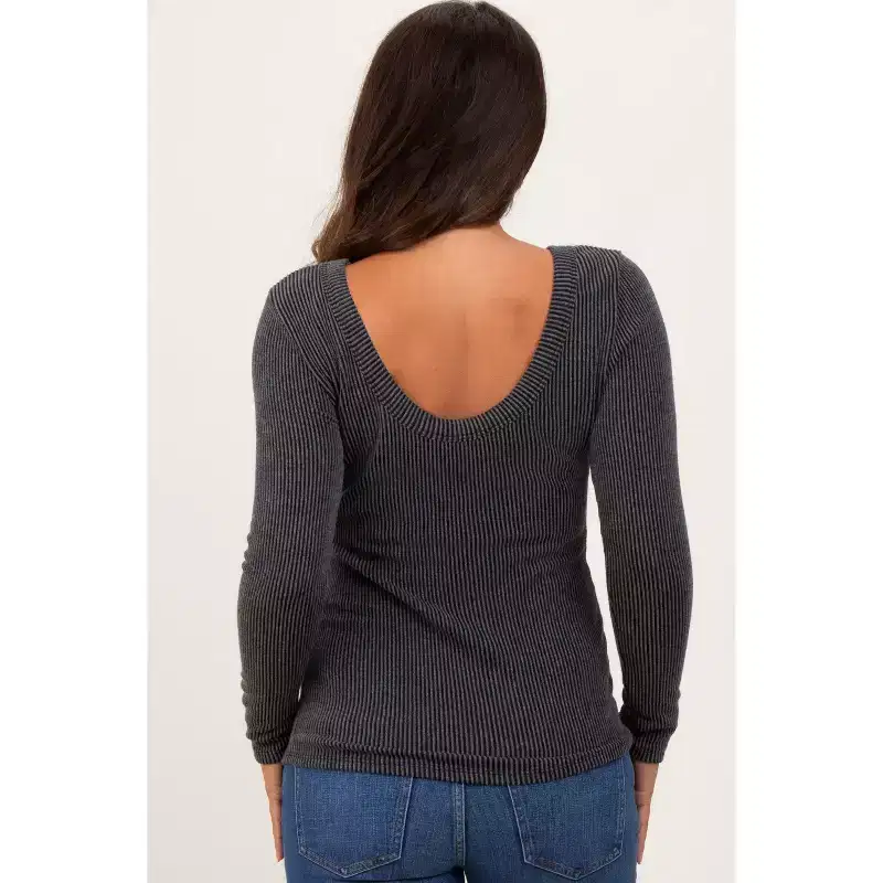 Pinkblush Charcoal Ribbed Scoop Neck Long Sleeve Maternity Top