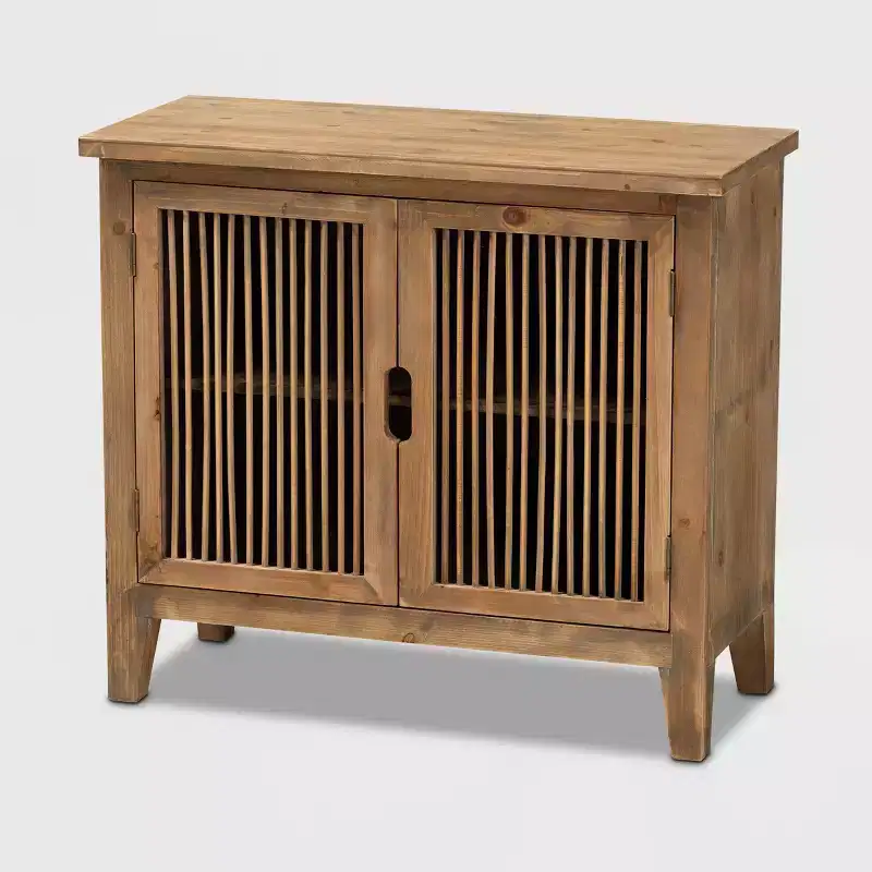 Clement 2 Door Wood Spindle Accent Storage Cabinet Brown: Bohemian Style, Fixed Shelves, No Assembly Required