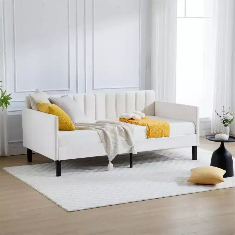 Twin Velvet Daybed with Ribbed Tufted Back, Sturdy Slat Supportwhite Upholstered Sleeper for Bedroom or Living Room, No Box Spring Needed