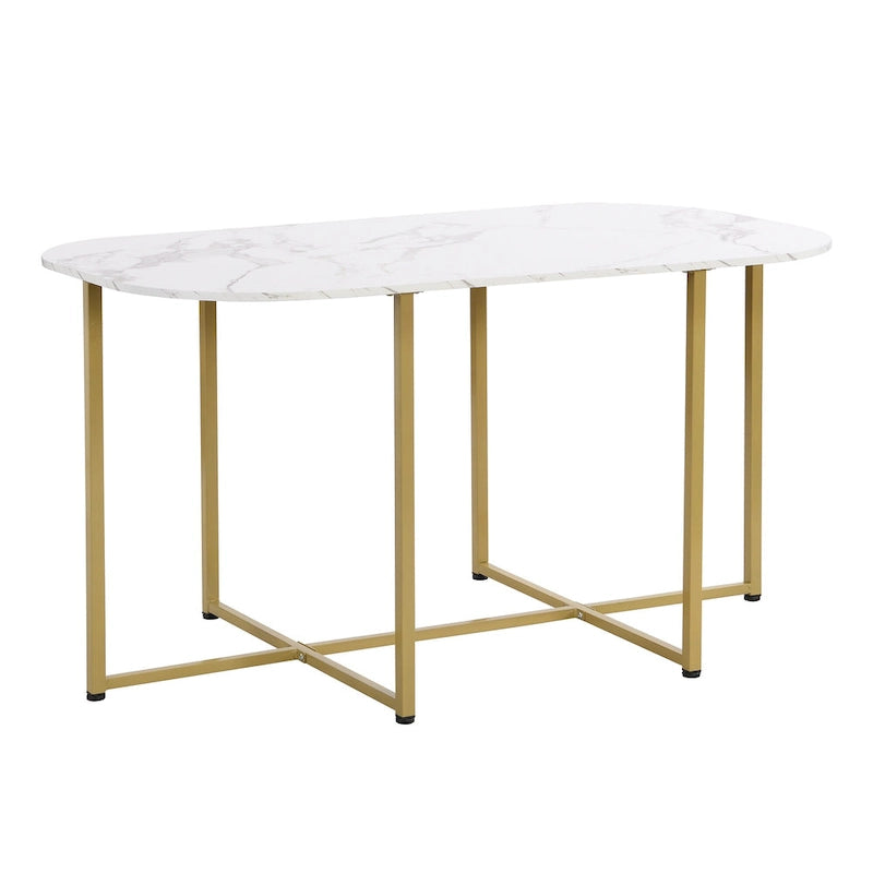 Golden+White 7-Piece Metal Frame Dining Table Set with Half-Round Table & 6 Chairs
