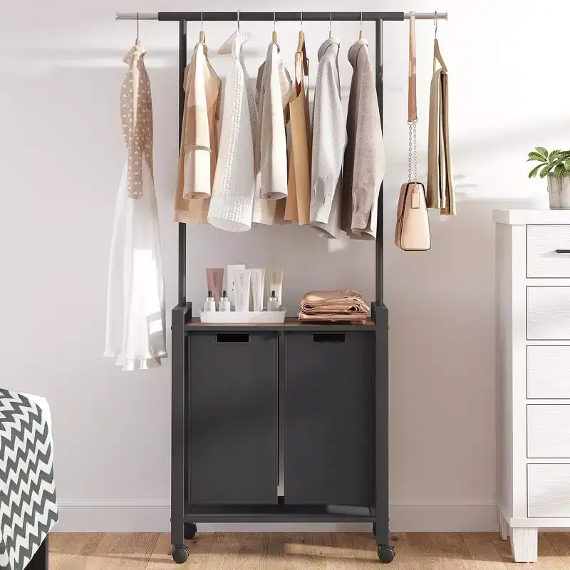 3-Section Laundry Sorter with Extendable Hanging Rod, Heavy-Duty Rolling Laundry Basket with Lockable Wheels and Storage Shelf for Laundry Room