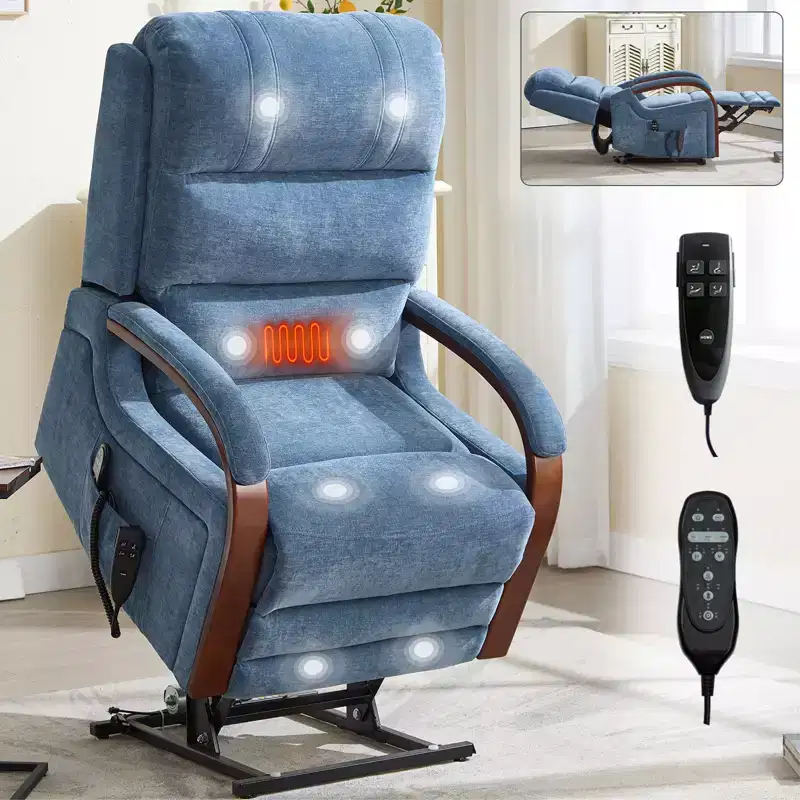 Power Chenille Lift Recliner Chair Dual Motor Infinite Position with Solid Wood Armrests, Heat Massage and Heavy Duty Motion Mechanism