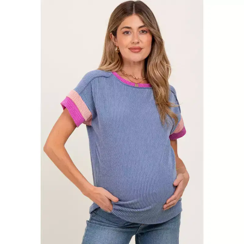 Pinkblush Blue Ribbed Colorblock Detail Maternity Short Sleeve Top