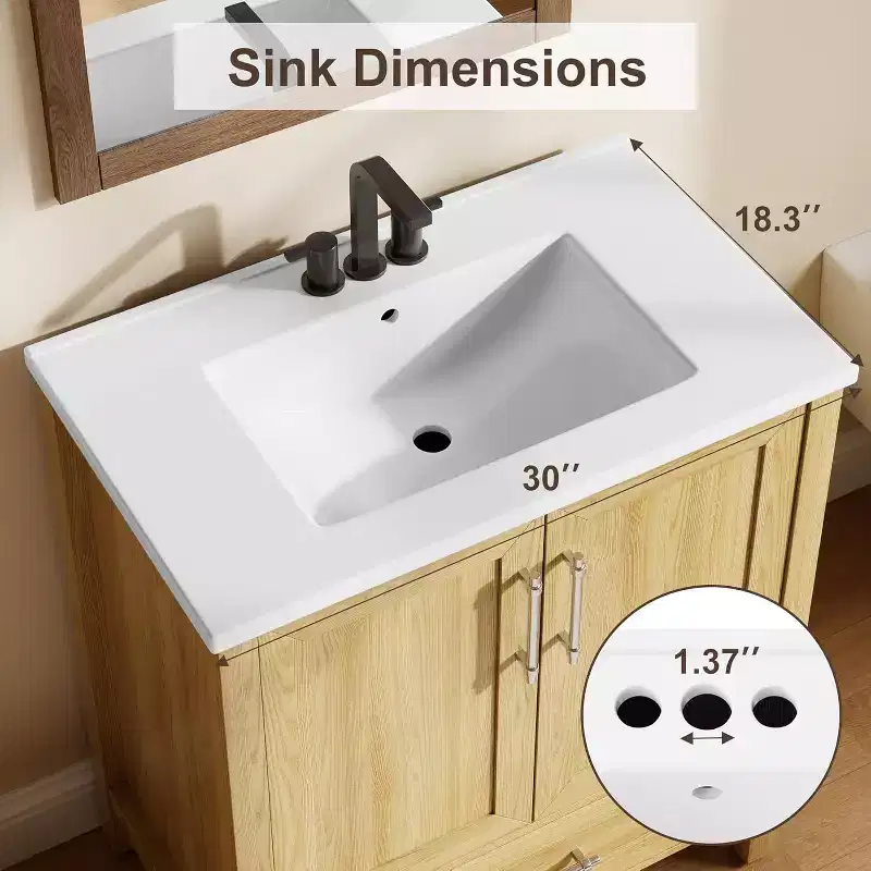 30 Bathroom Vanity with Sink & Soft-Closing Doors - Freestanding Storage Cabinet in Natural Wood