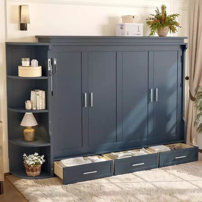 GDFStudio Rina Modern Murphy Platform Bed with Shelf, Side Cabinets and Drawers