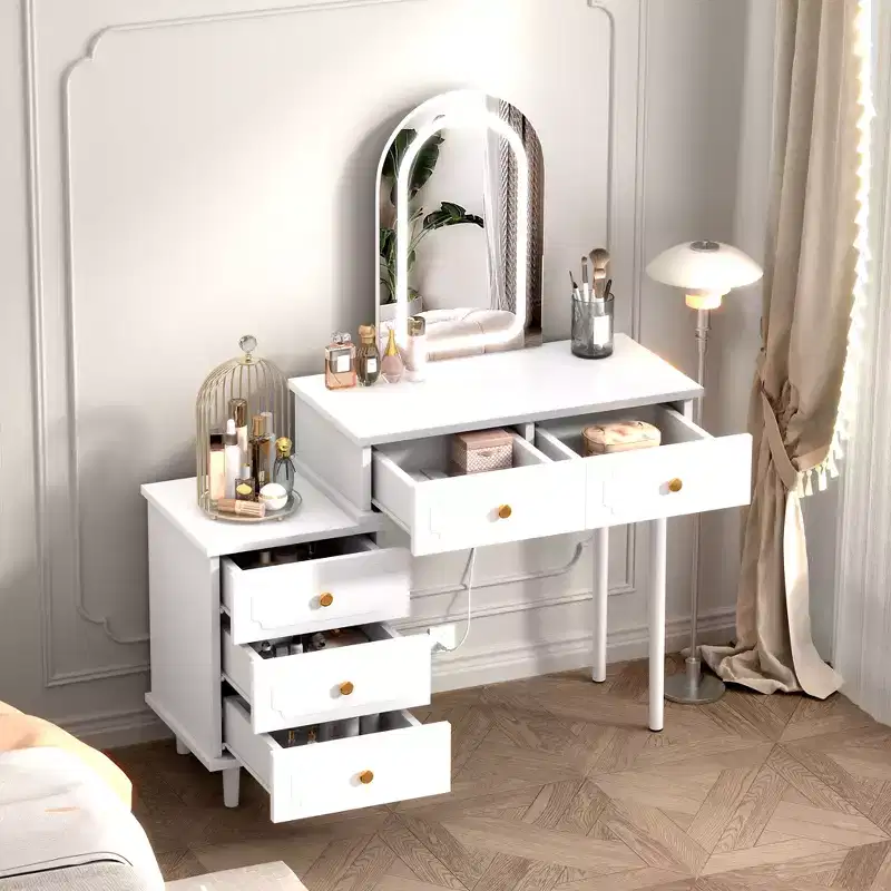 Makeup Vanity Desk with Lights and Mirror, Modern Dressing Table with 2 Drawers & 3-Drawer Cabinet