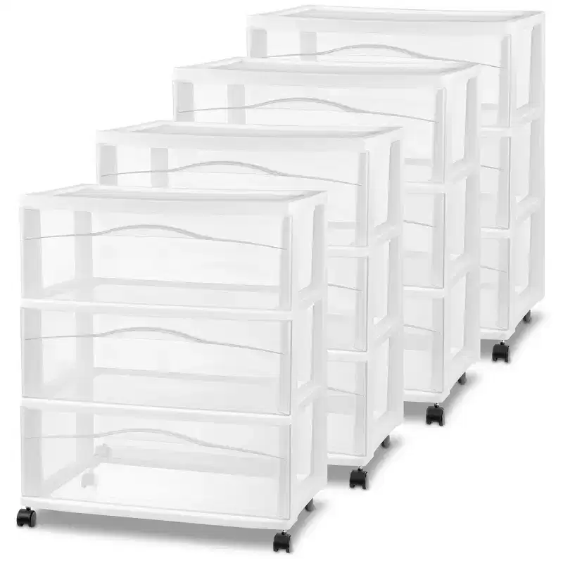 Wide 3 Drawer Storage Cart, Plastic Rolling Organizer, White, 4 Pack
