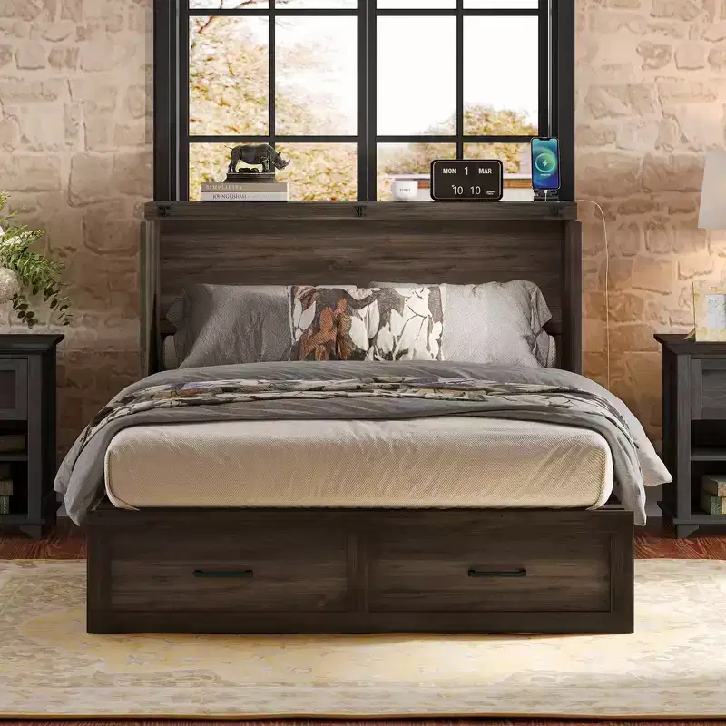 Full Size Farmhouse Murphy Cabinet Bed Frame, Foldable Platform Bed with Large Storage Drawer