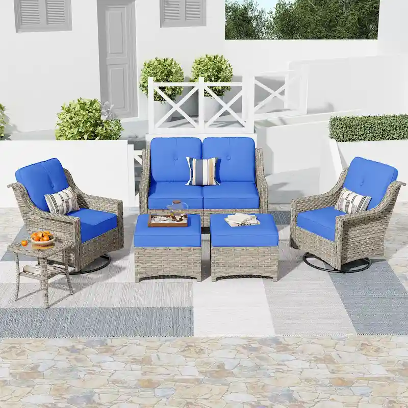 HOOOWOOO 6-piece Wicker Furniture Patio Loveseat Sofa Conversation Set with Swivel Chair