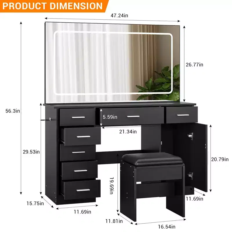 Vanity Desk with Mirror, White Makeup Vanity with 7 Drawers, Dressing Table with Hairdryer Holder for Bedroom