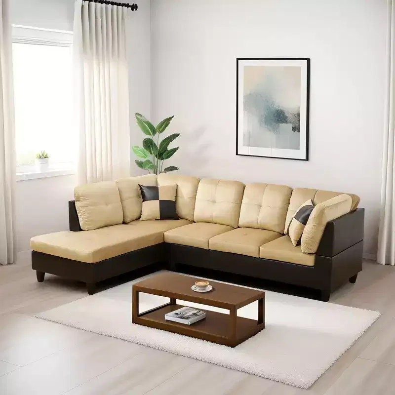 L-Shaped Living Room Sofa, Three-Piece Short Plush Sofa with Double-Layer Spring and Soft Breathable Fabric