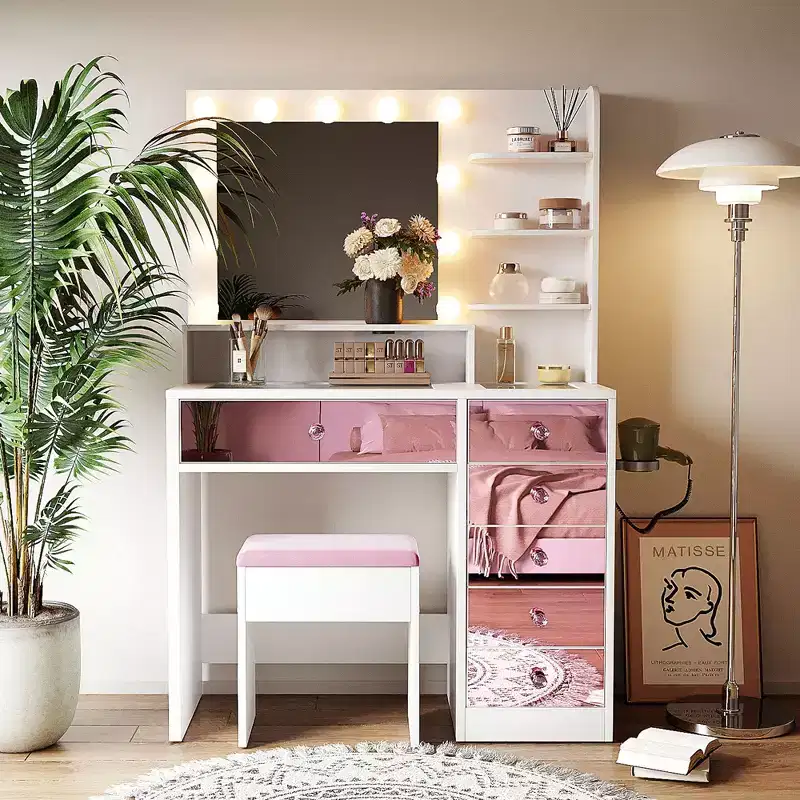 Makeup Vanity Desk Set Dressing Table with Storage Cushioned Stool, Mirror, 3 Color Lighting Bulb, Charging Station & Hair Dryer Holder - ModernLuxe