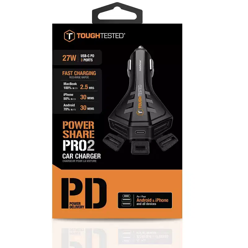 ToughTested Powershare Pro 30W 3X High Speed USB C/A Car Charger with Removable Dust Cover