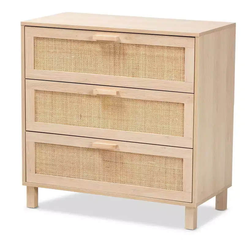 Baxton Studio Sebille Wood with Natural Rattan 3 Drawer Storage Chest Light Brown : Bohemian Style, Particle Board Frame